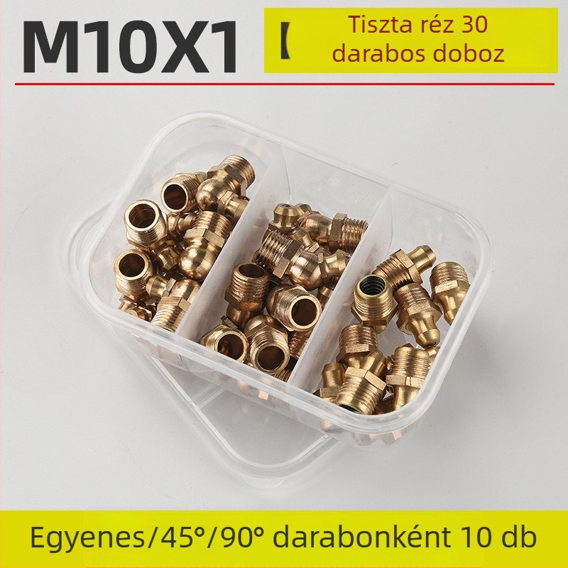 Dobozos készlet vajpisztoly fejhez: tiszta rézből készült vajfejek, M6/M8/M10, rozsdamentes acél injekciós csatlakozók