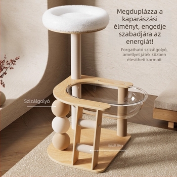 Teljes tömörfa macska mászókeret integrált macska odúval, függőleges karmolásfelülettel, helytakarékos kivitel, sisal golyóval és űrkapszula-stílusú ugróplatformmal