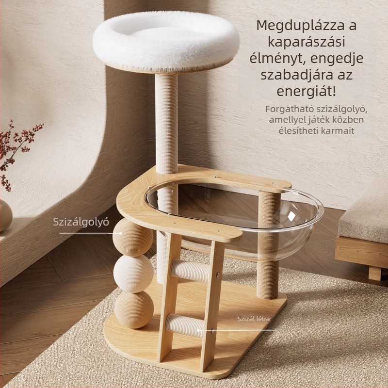 Teljes tömörfa macska mászókeret integrált macska odúval, függőleges karmolásfelülettel, helytakarékos kivitel, sisal golyóval és űrkapszula-stílusú ugróplatformmal