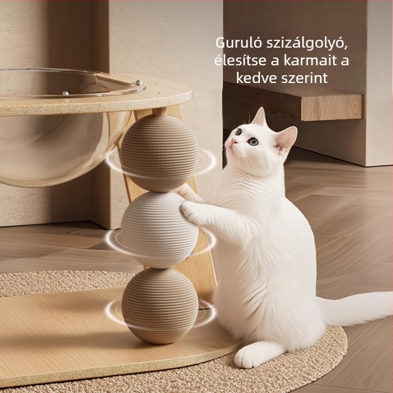 Teljes tömörfa macska mászókeret integrált macska odúval, függőleges karmolásfelülettel, helytakarékos kivitel, sisal golyóval és űrkapszula-stílusú ugróplatformmal