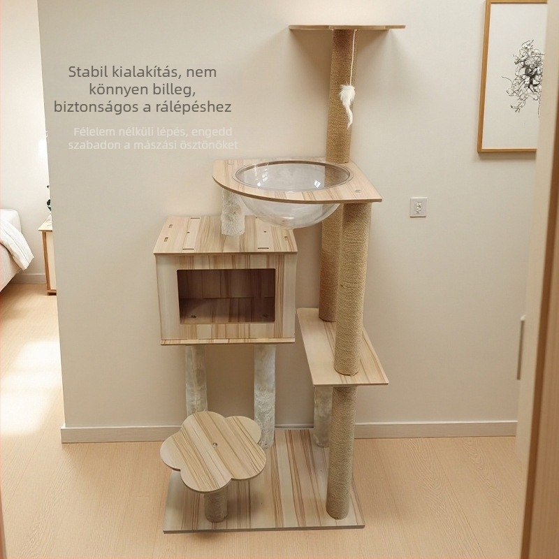 Tömörfából készült macskafa fészekkel, kilátó kapszulával és ugró platformmal