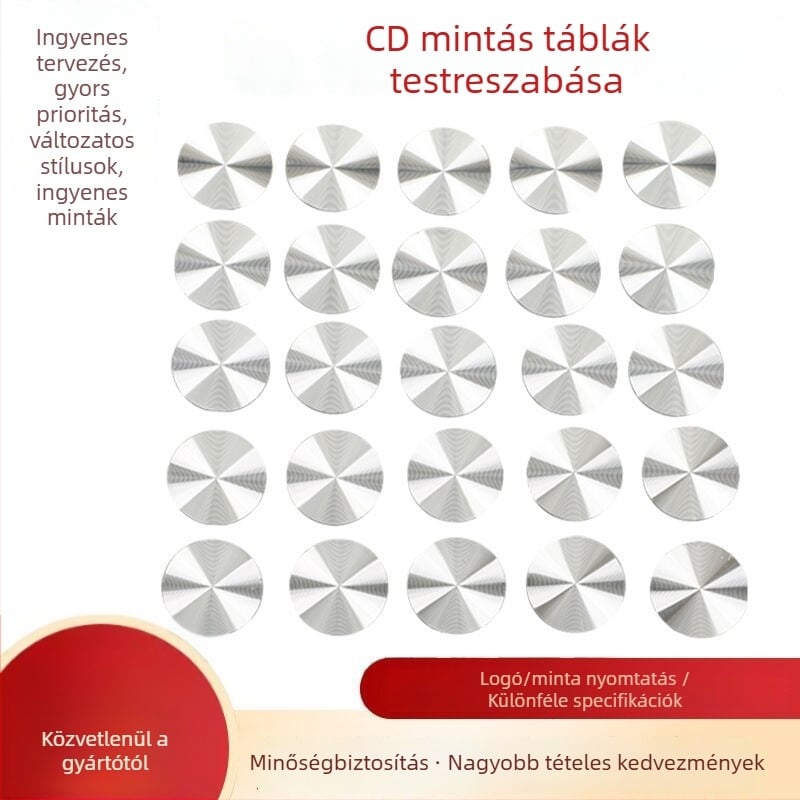 Oxidált CD‑mintás dekoratív lemez, üres jelölő tábla, fém névtábla és CD‑mintás alumínium lemez