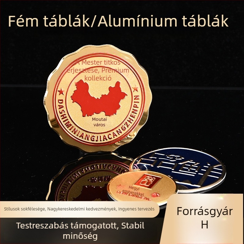 Fém névtábla alumíniumötvözetből, logó és védjegy, magas fényű felület, ütött alumínium jelzés