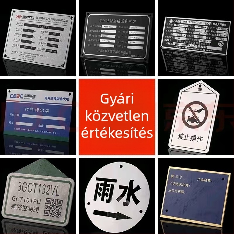 Logóval ellátott fém tábla, szitanyomás és bélyegzés; korrózióálló rozsdamentes acél névtábla; UV-nyomtatású alumínium tábla