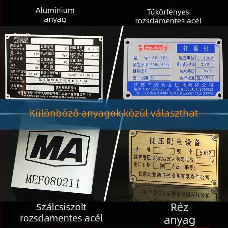 Logóval ellátott fém tábla, szitanyomás és bélyegzés; korrózióálló rozsdamentes acél névtábla; UV-nyomtatású alumínium tábla
