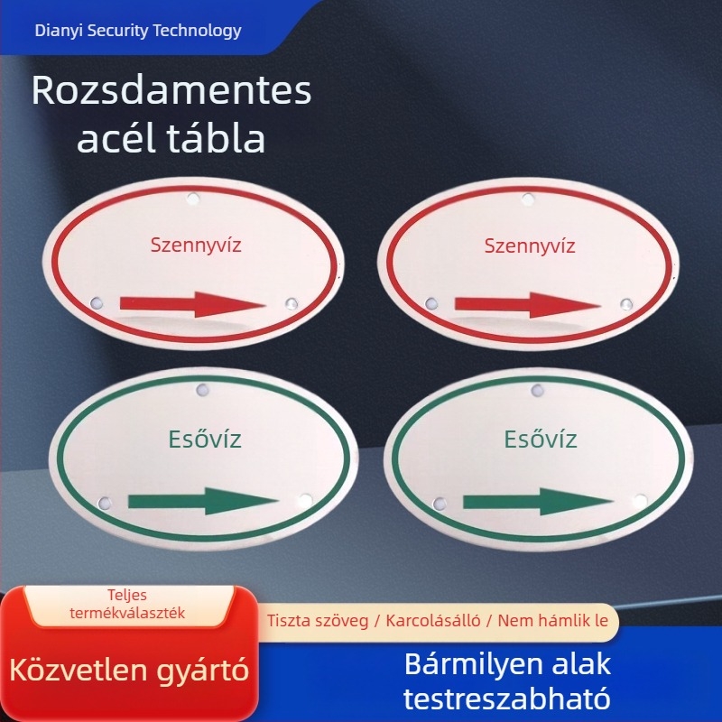 Rozsdamentes acél jelzőtáblák és névjegyek ipari berendezésekhez — brushed felület, szitanyomásos nyomtatás