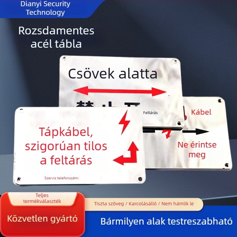 Rozsdamentes acél jelzőtáblák és névjegyek ipari berendezésekhez — brushed felület, szitanyomásos nyomtatás