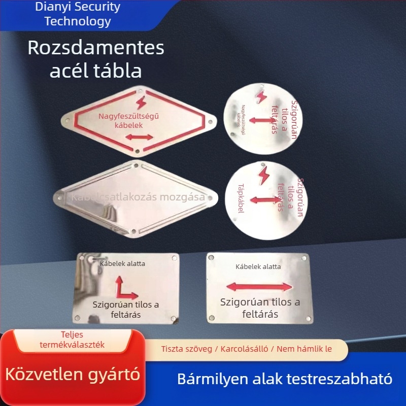 Rozsdamentes acél jelzőtáblák és névjegyek ipari berendezésekhez — brushed felület, szitanyomásos nyomtatás