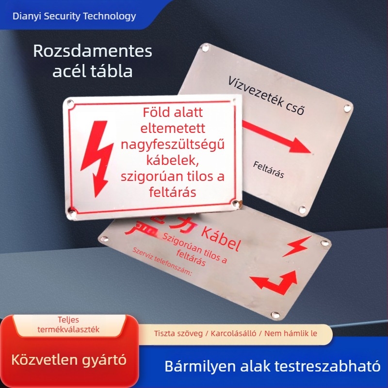 Rozsdamentes acél jelzőtáblák és névjegyek ipari berendezésekhez — brushed felület, szitanyomásos nyomtatás