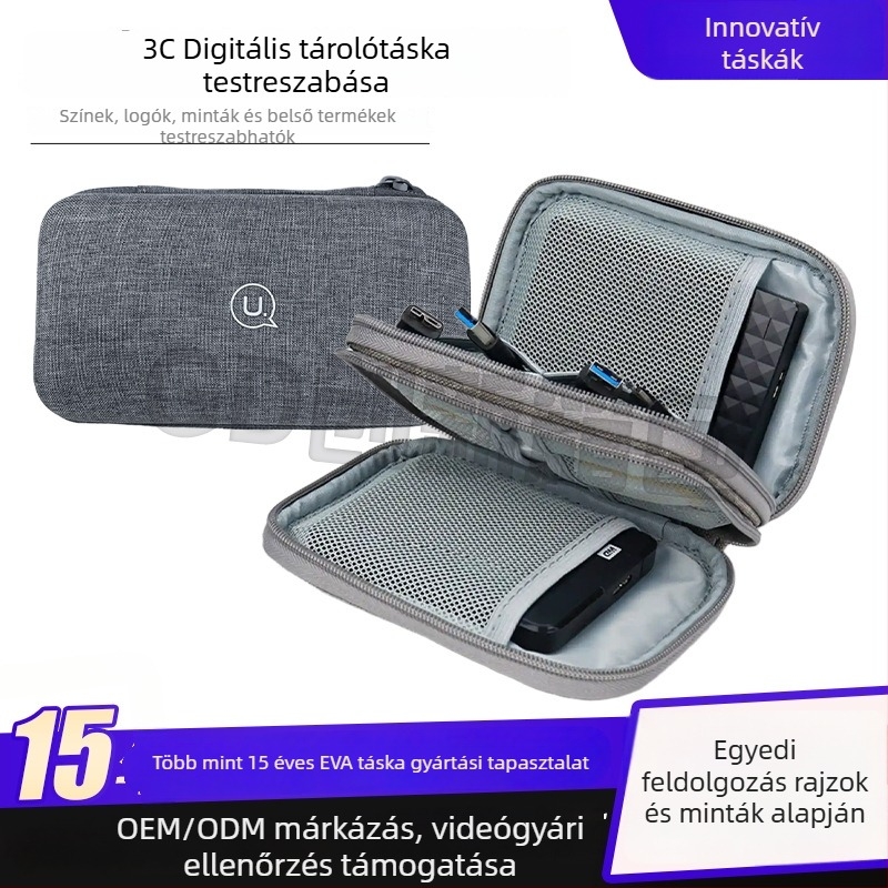 3C digitális kiegészítő táska fülhallgatókhoz, kábelekhez, USB‑pendrive-hoz és power bankhoz – hordozható EVA tok