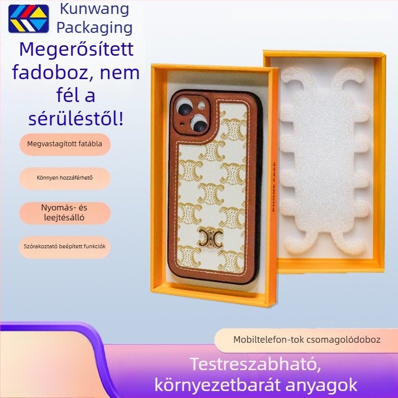 Testreszabható falra szerelhető mobiltok csomagoló doboz ablakkal, átlátszó csomagolás, blistermentes, kétrészes fedél-alsó rész, Apple-kompatibilis