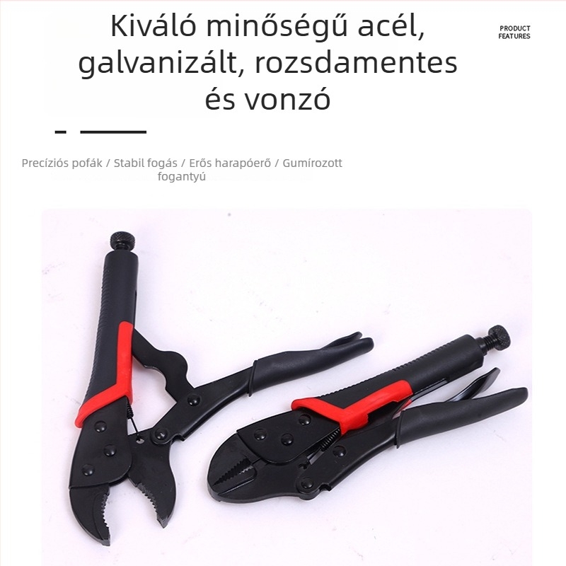 Fekete, masszív univerzális fogó, kerek orrú, egyenes állkapcsú és hegyes véggel – ipari kategória