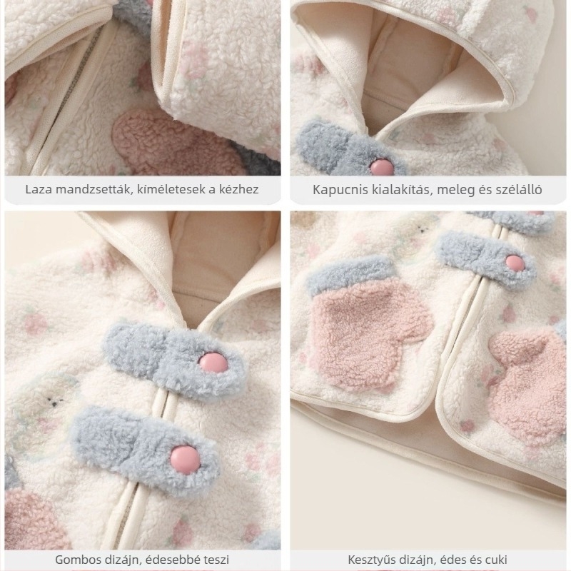 Lányok számára készült téli kapucnis kabát vastag fleece-béléssel, 1–3 éveseknek