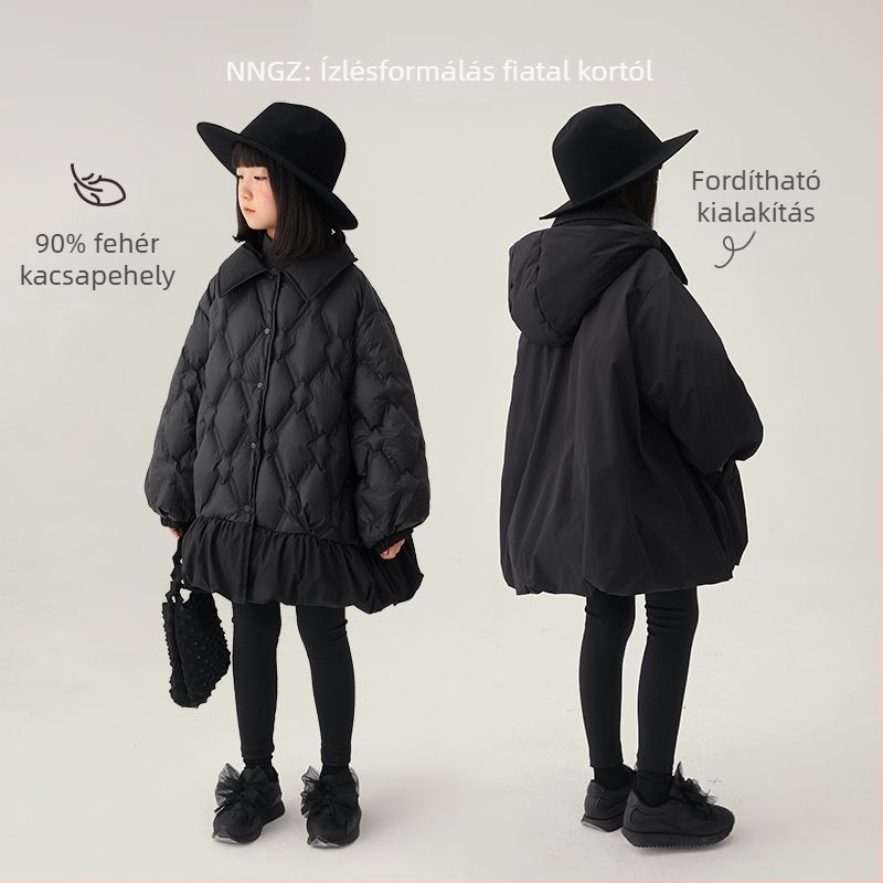 Lányoknak szóló, kétoldalas pamut- és pehelytöltésű kabát, középhosszú, koreai stílusú téli külső ruházat