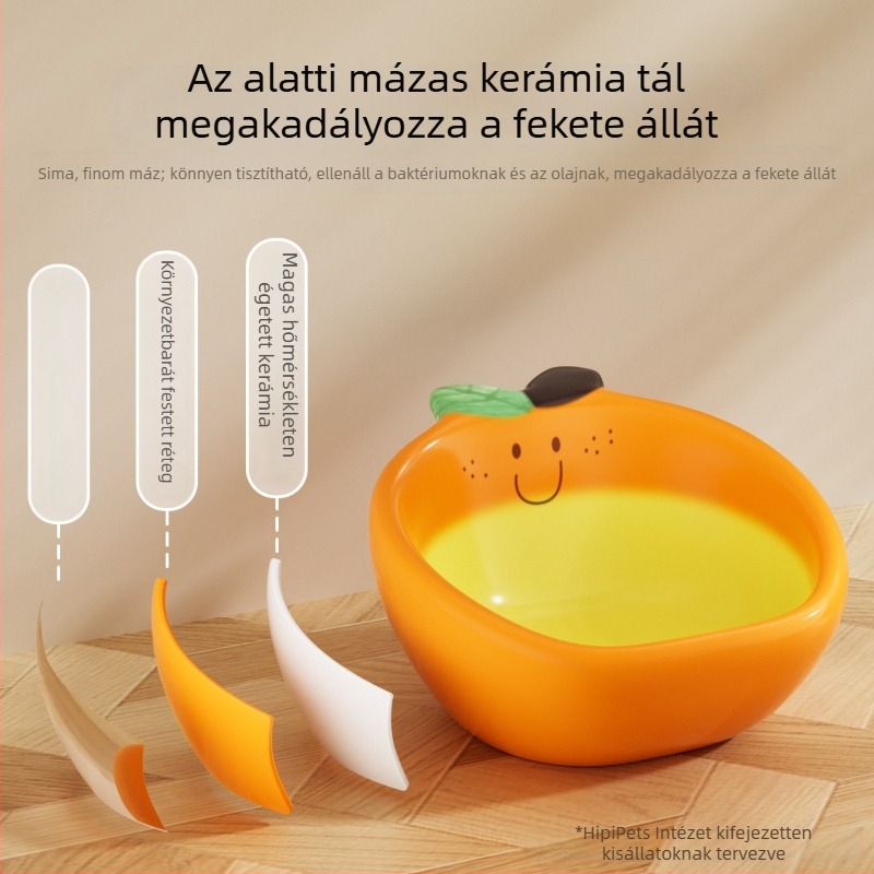 Nyakvédős kerámia háziállat etető- és itatálak, pár darab, nagy átmérő, rajzolt gyümölcs motívummal, anti-spill itatók