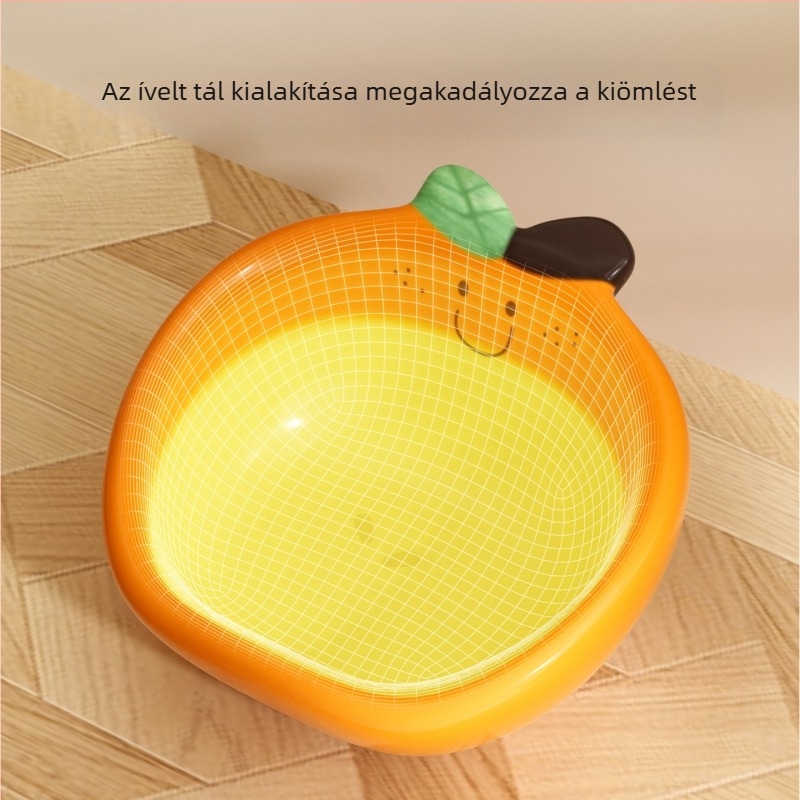 Nyakvédős kerámia háziállat etető- és itatálak, pár darab, nagy átmérő, rajzolt gyümölcs motívummal, anti-spill itatók