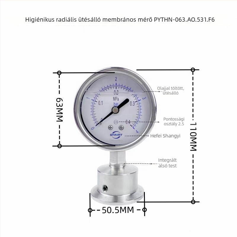 Szanitár diafragmás nyomásmérő PYTHN63F6, csipesz típusú gyors szerelés, 50,5 mm, névleges átmérő 63 mm, ütésálló