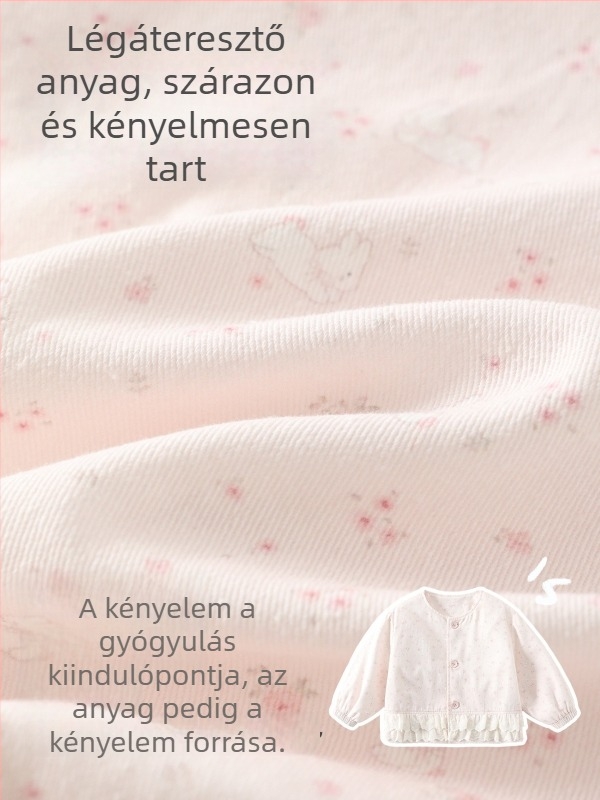 Gyerekek tavaszi pamut kabátja virágmintás nyuszival és csipkés díszítéssel, hosszú ujjú, kerek nyakú, rövid fazon