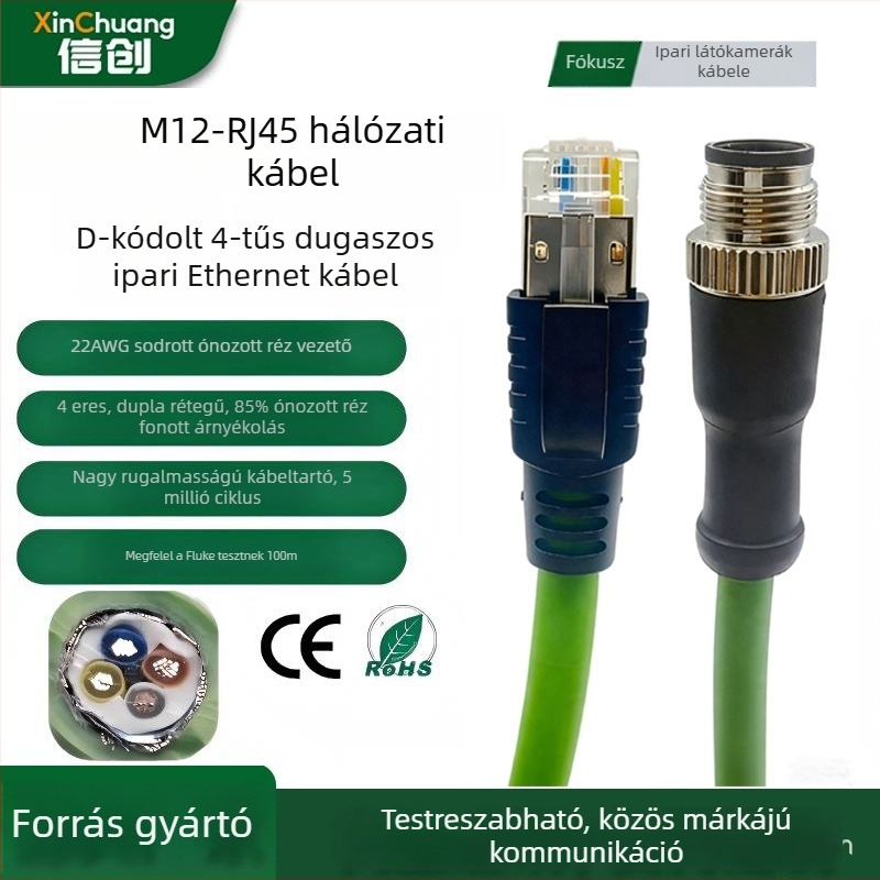 Rugalmas húzólánc kábel, négymagos, M12–RJ45, D-kódolt 4-pins férfi csatlakozó, ipari gigabites Ethernet-kábel