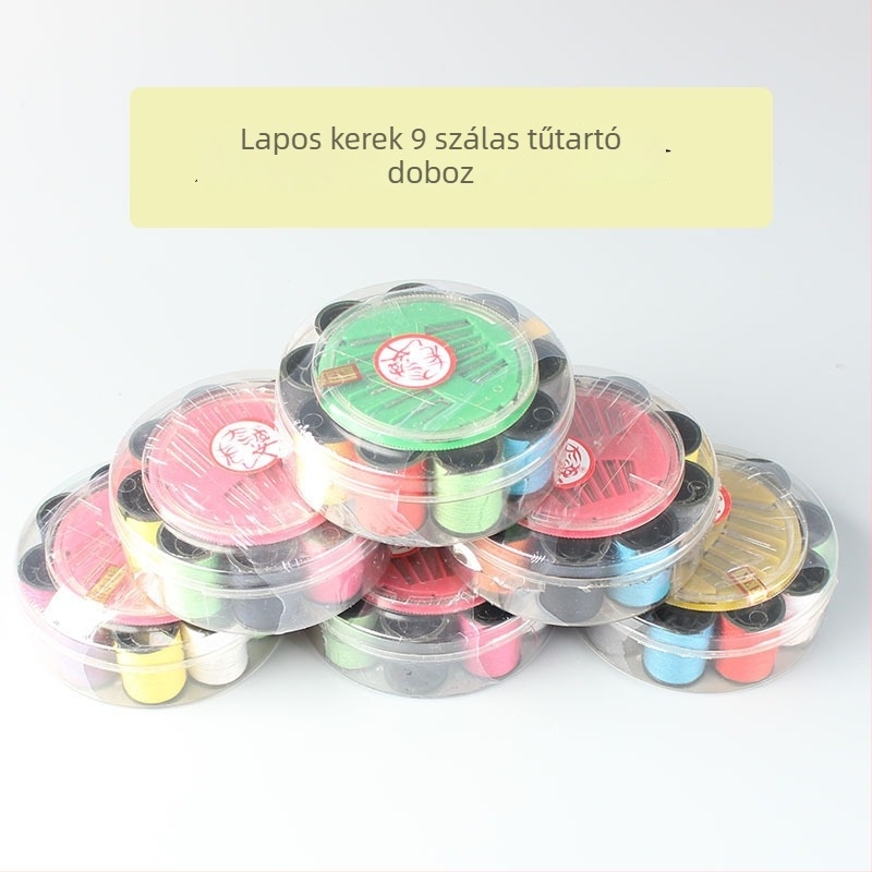 Lapos ovális varródoboz kilenc orsó fonallal