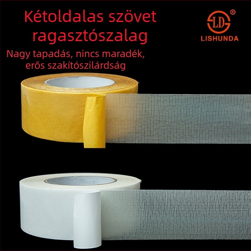 Erős vászonalapú kétoldalas szalag, nagy viszkozitású, széles szőnyeghez, átlátszó üvegszálas hálós szalag