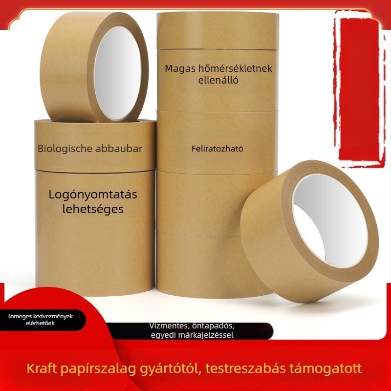 Magas hőmérsékletnek ellenálló kraftpapír szalag, magas viszkozitású, írható felület, biológiailag lebomló matt, öntapadós csomagoló szalag, 50mm x 50m, vastagság 0,13mm