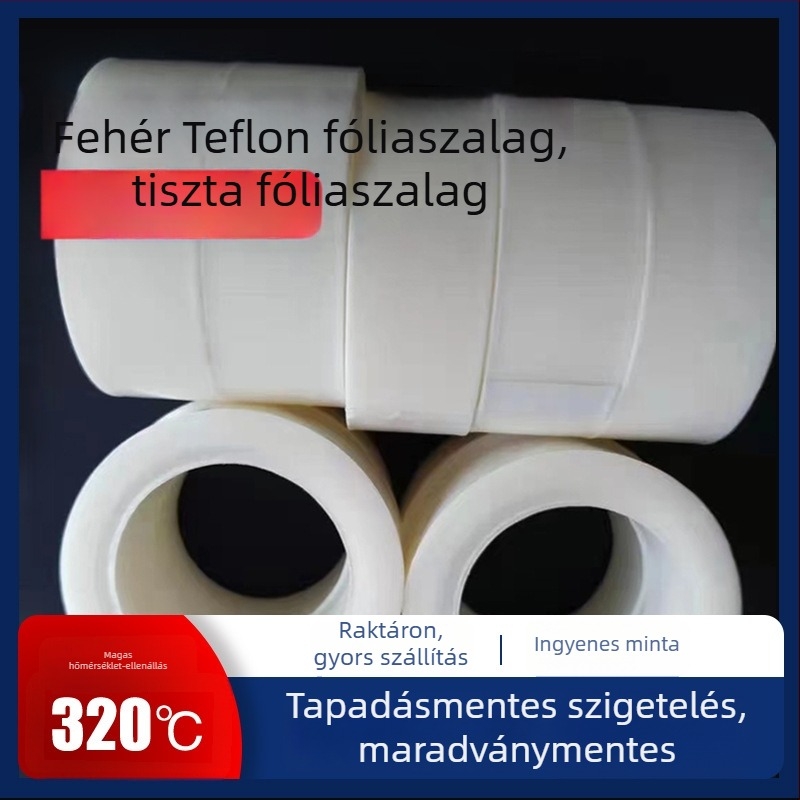 PTFE film szalag, fehér, szilikonos hátlappal, magas hőmérséklet- és korrózióálló védőszalag. Szélesség és hossz egyénre szabható, vastagság 0.05–0.25 mm.