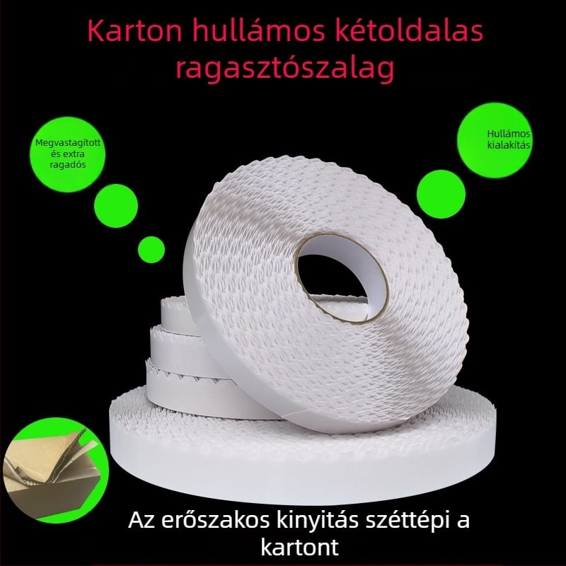 Kétoldalas ragasztószalag csomagoláshoz, csipkés széle és hullámos repülő doboz formájú, könnyen téphető, fogazott él, nagy tapadás