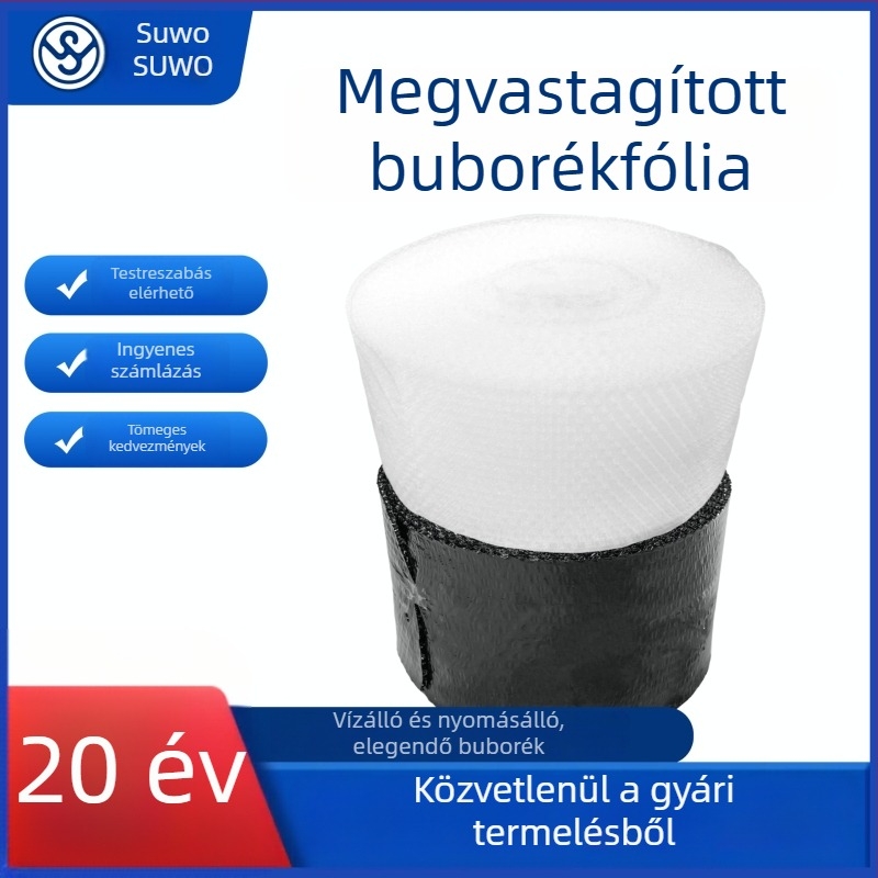 Vastag, átlátszó fekete buborékfólia védőcsomagoláshoz és ütéscsillapításhoz; szélesség 20-120 cm, buborék átmérője 1 cm, magasság 2 mm; kozmetikumok és elektronika számára