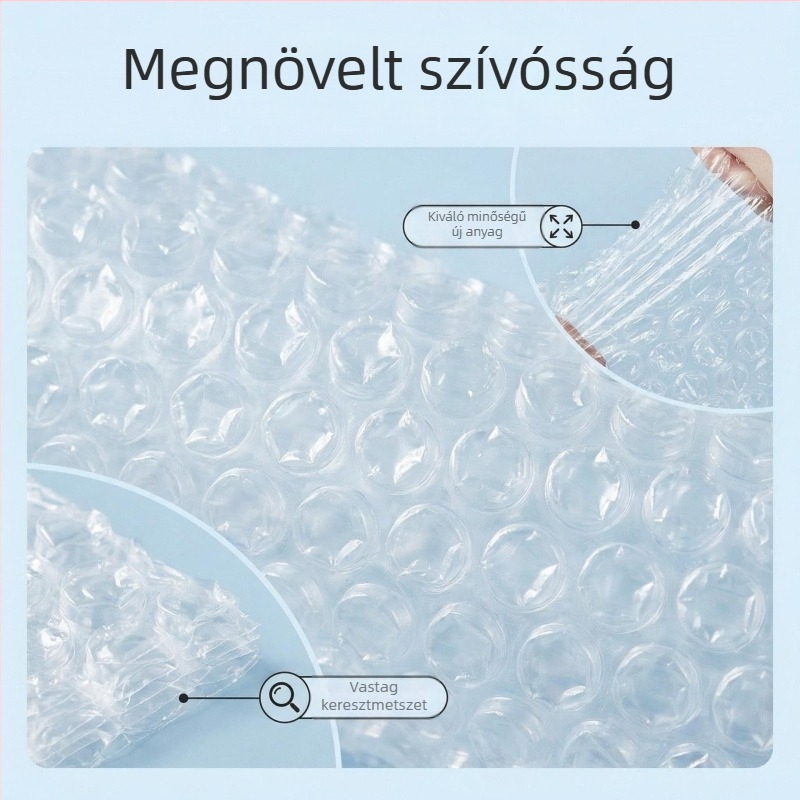 Vastag, átlátszó fekete buborékfólia védőcsomagoláshoz és ütéscsillapításhoz; szélesség 20-120 cm, buborék átmérője 1 cm, magasság 2 mm; kozmetikumok és elektronika számára