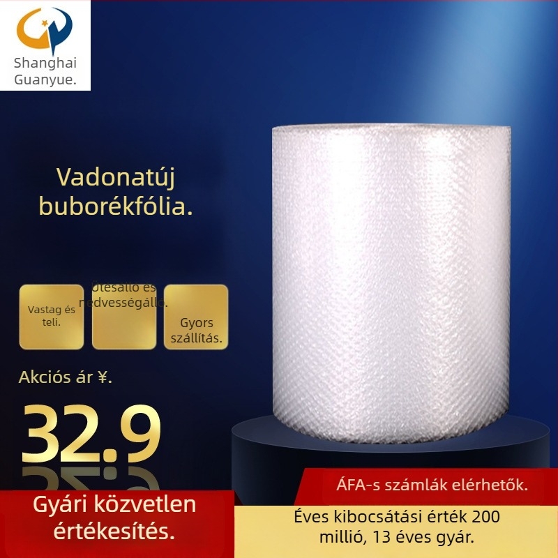 50 cm széles buborékfólia tekercs, fehér, közepes buborékokkal, vastagított, ütésálló csomagoláshoz, körülbelül 70 m hosszú