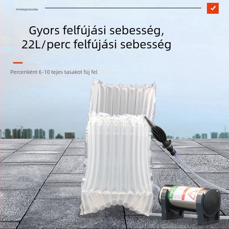 Elektromos levegőpumpa légoszlopos zacskókhoz és rolkolt légoszlop anyaghoz; ütésálló buborékos párnázás bor- és tejporos csomagolásokhoz.