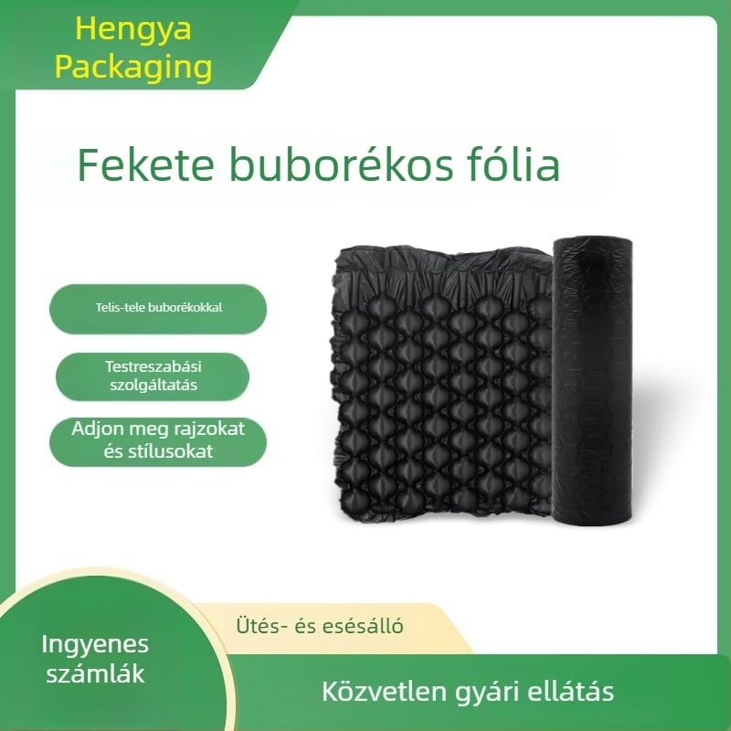 Fekete, kétszörös buborékfólia tekercs csomagoláshoz, megerősített párnázó fólia, HDPE nagy buborékokkal, 40 cm szélesség, 300 m hossz.