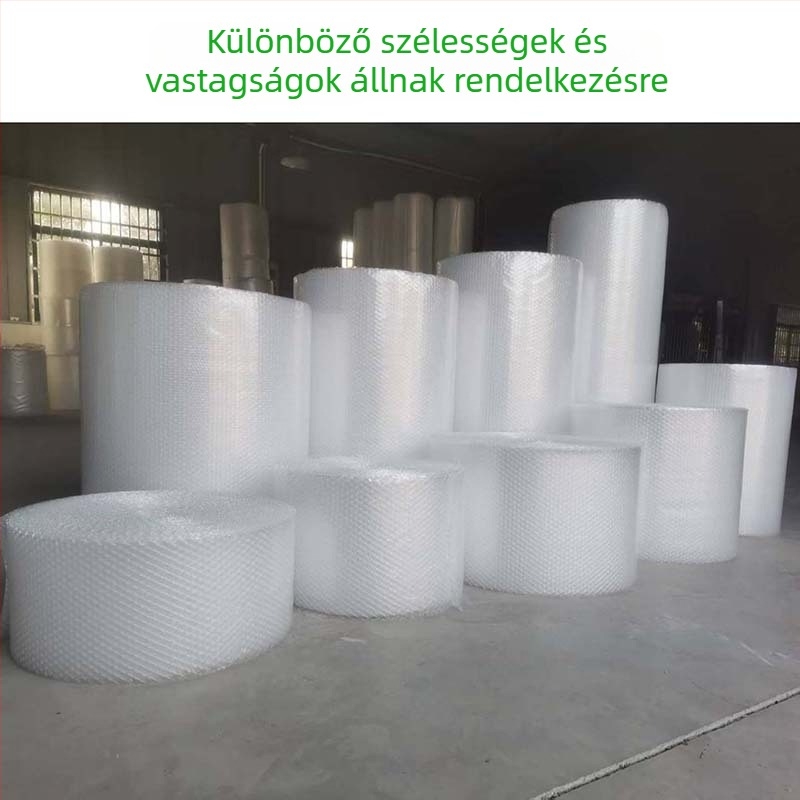 kétoldalas buborékfólia csomagoláshoz, átlátszó, közepes buborékokkal, ütésálló; szélesség és hossz méretre szabható, buborék átmérője 10 mm, magasság 3,5 mm, sűrűség 40–80 g/m²