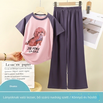Nyári modal szett kislányoknak, koreai stílusú otthoni viselet, animációs mintázat, rövidujjú felső és hosszú nadrág, vékony anyag