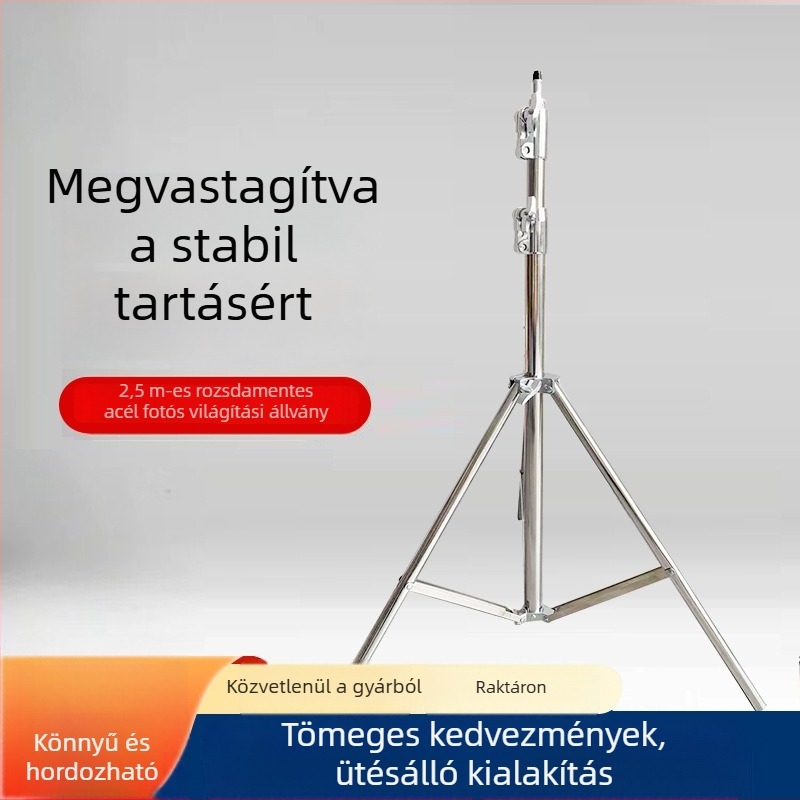 2,5 m rozsdamentes acél professzionális fotózási fényállvány háromrészes, rugós fej, élő közvetítéshez, teherbírás 10 kg