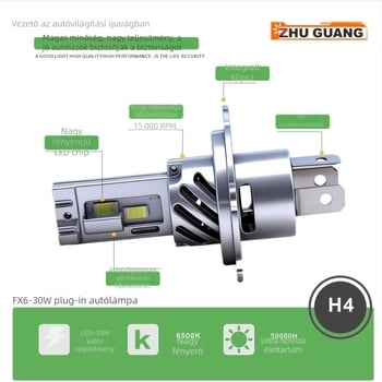 H4 közvetlen csatlakozású autóvilágítás ventilátorral, 30W LED izzók