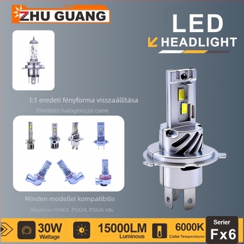 H4 közvetlen csatlakozású autóvilágítás ventilátorral, 30W LED izzók
