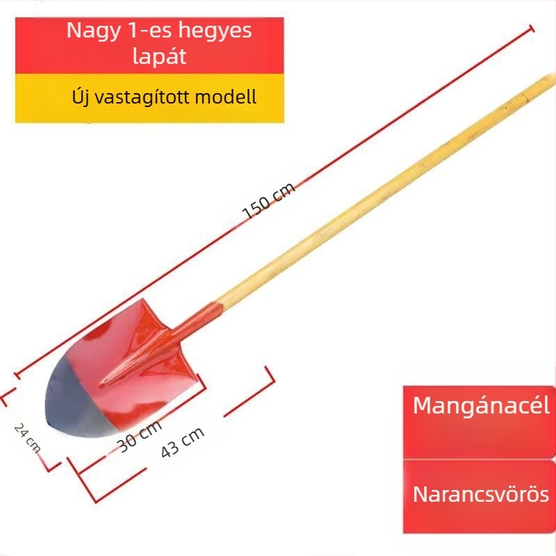 Mangán acél mezőgazdasági lapát fa nyéllel, edzett teljes acél kivitel, vastagított szenes lapát kültéri használatra, hegyes négyzetes fejű