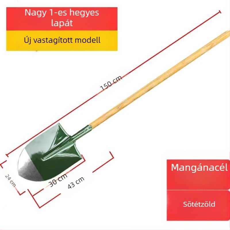 Mangán acél mezőgazdasági lapát fa nyéllel, edzett teljes acél kivitel, vastagított szenes lapát kültéri használatra, hegyes négyzetes fejű