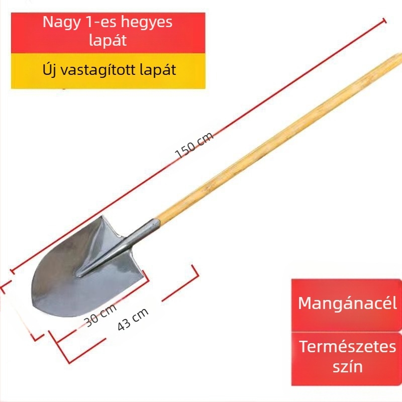 Mangán acél mezőgazdasági lapát fa nyéllel, edzett teljes acél kivitel, vastagított szenes lapát kültéri használatra, hegyes négyzetes fejű