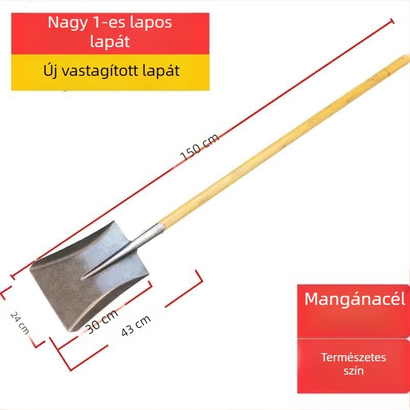 Mangán acél mezőgazdasági lapát fa nyéllel, edzett teljes acél kivitel, vastagított szenes lapát kültéri használatra, hegyes négyzetes fejű