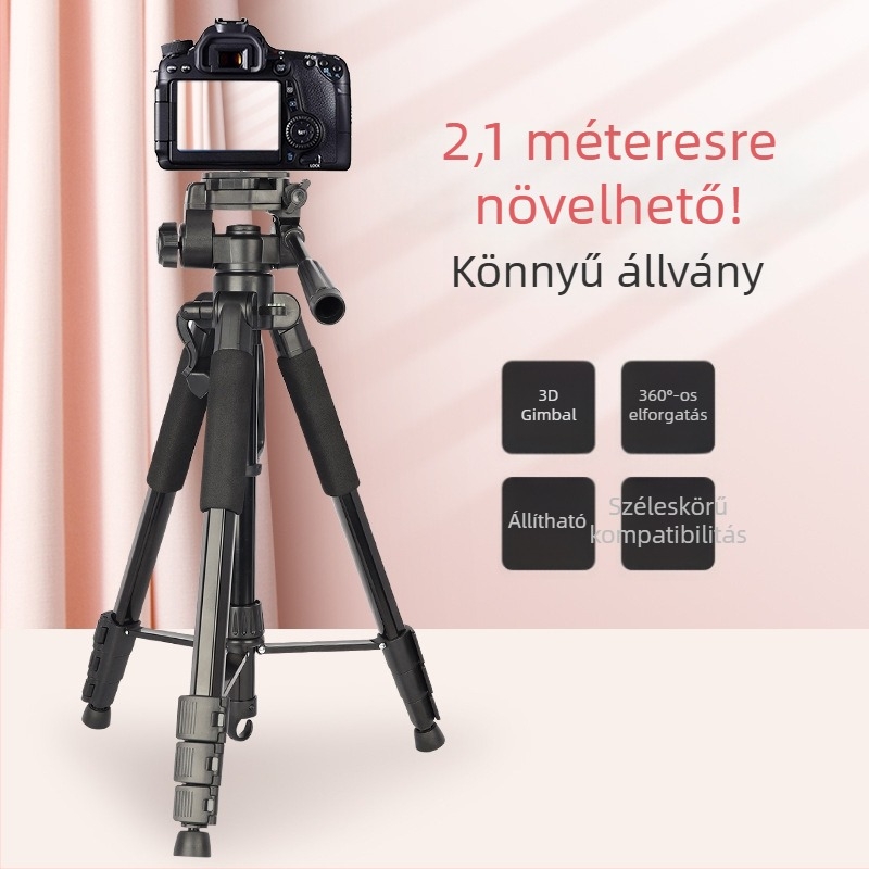2,1 m fotóállvány telefon-tartóval és éjszakai horgászlámpa tartóval élő közvetítéshez