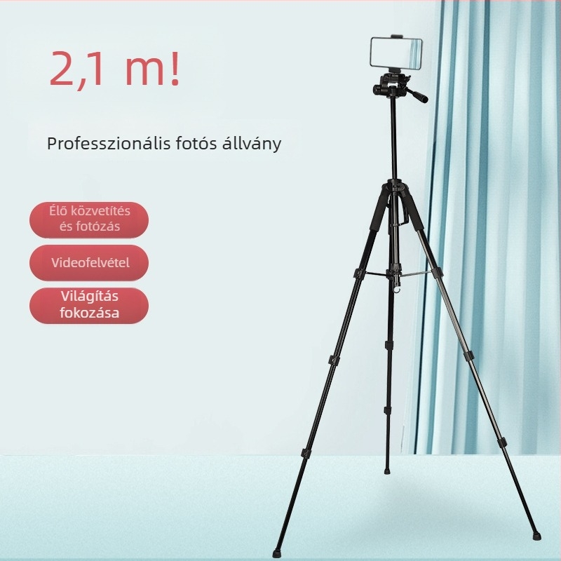 2,1 m fotóállvány telefon-tartóval és éjszakai horgászlámpa tartóval élő közvetítéshez