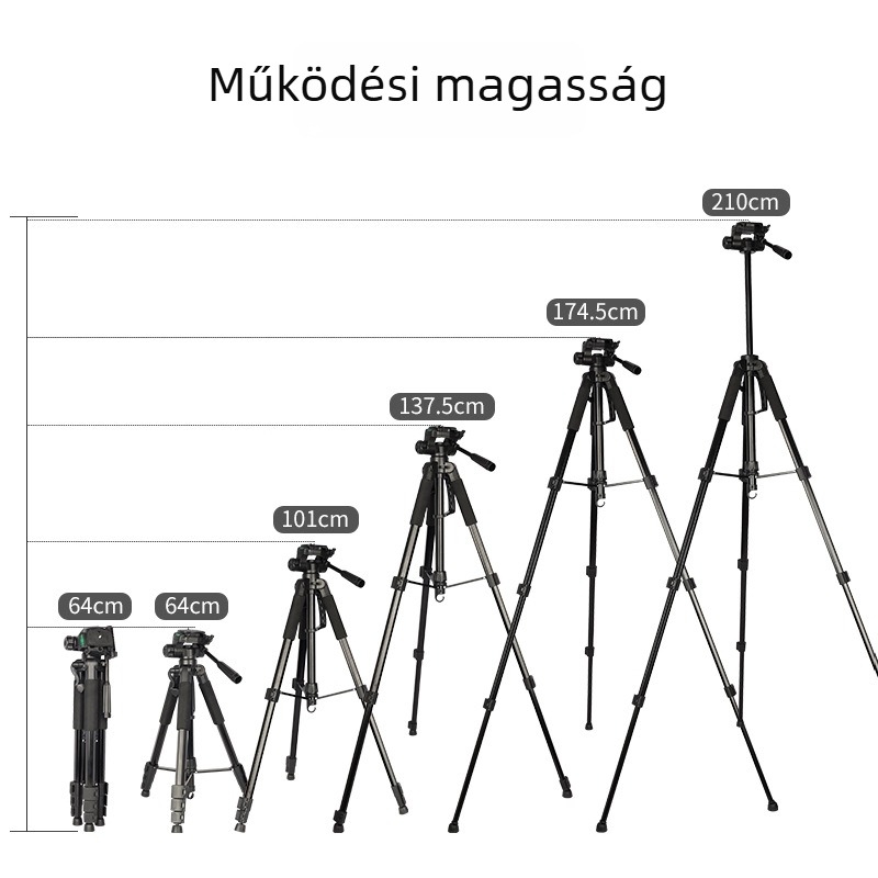 2,1 m fotóállvány telefon-tartóval és éjszakai horgászlámpa tartóval élő közvetítéshez
