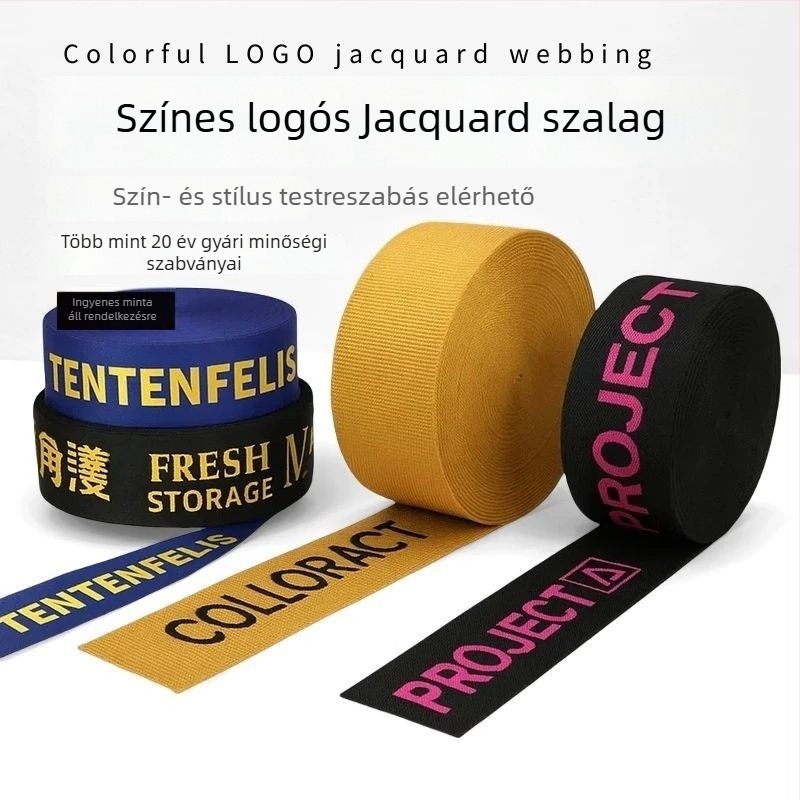 Jacquard szalag logóval, fekete‑fehér és színes 3D-rel reliefes élvédő szalag táskákhoz, kiegészítők, izzadságszalag és kötött elasztikus szalag