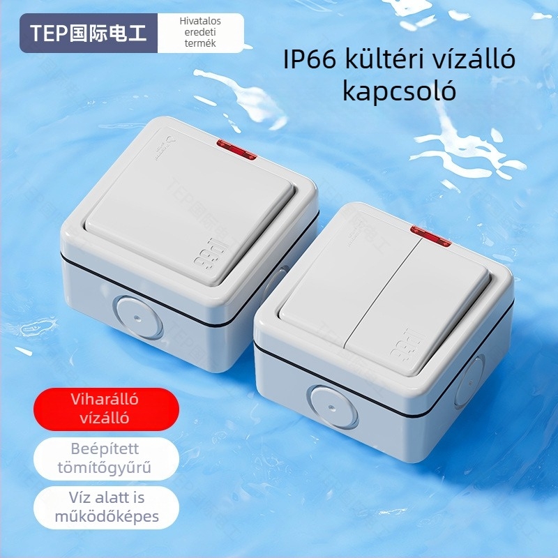 IP66 kültéri vízálló önzáró falkapcsoló, 86×88 mm, 220–250V, 10A