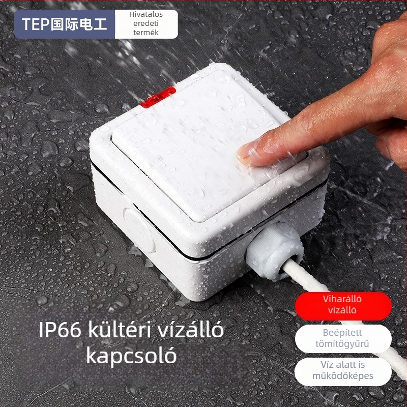 IP66 kültéri vízálló önzáró falkapcsoló, 86×88 mm, 220–250V, 10A