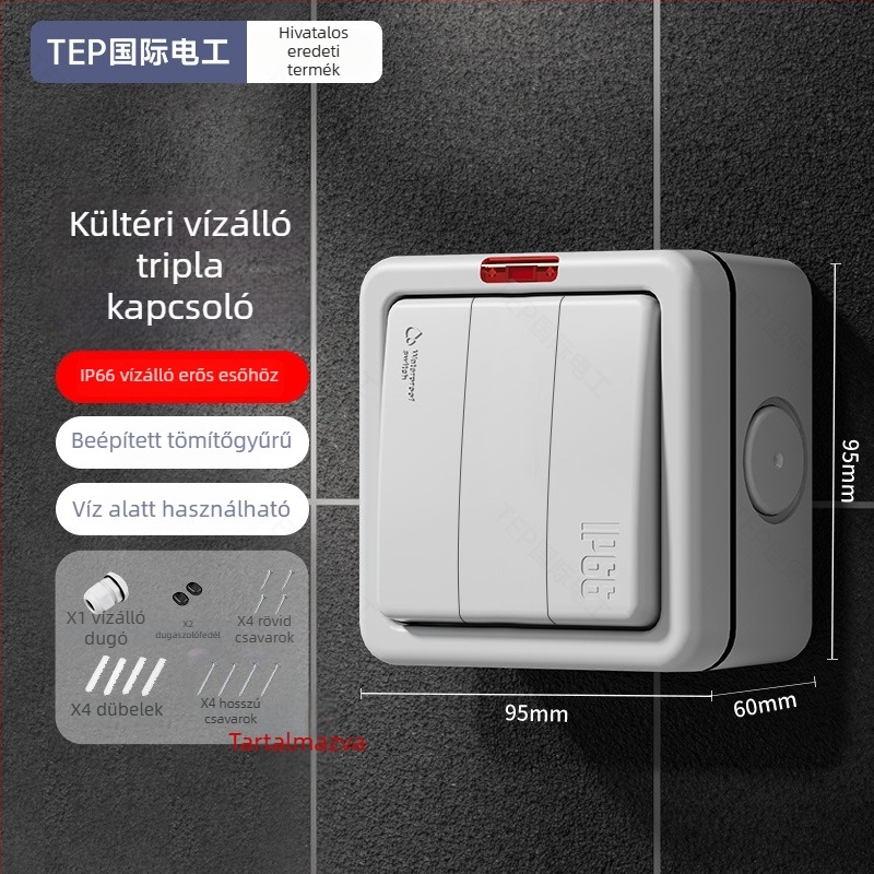 IP66 kültéri vízálló önzáró falkapcsoló, 86×88 mm, 220–250V, 10A