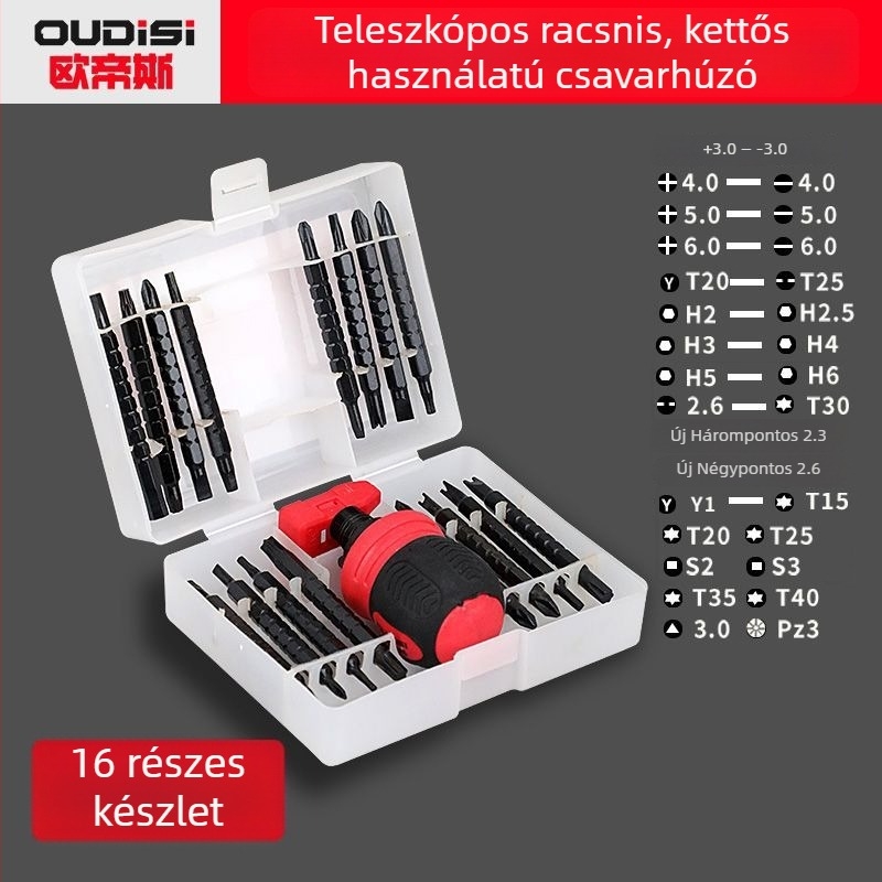 Oudisi kettős funkciójú teleszkópos csavarhúzó Phillips és lapos fej bitekkel, kétoldalas, ergonómikus fogó